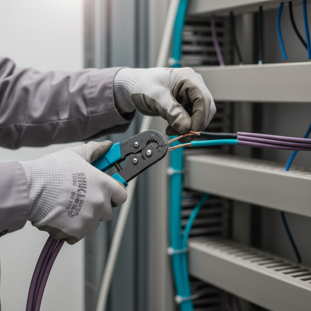 Gros plan sur les mains d'un technicien qualifié effectuant un raccordement précis, illustrant la compétence technique des électriciens roumains.