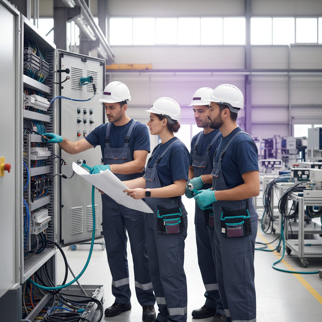 Une équipe mixte composée d'électriciens français et roumains collaborant sur un projet industriel, montrant une intégration réussie.