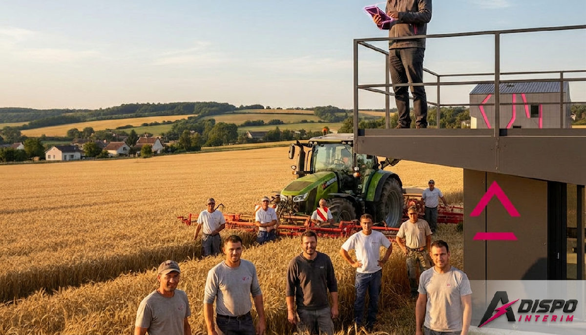 recrutement agriculture intérim roumain - Agriculteur supervisant des travailleurs dans un champ de céréales.