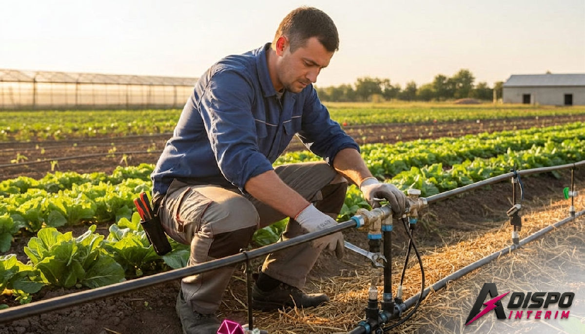 Technicien agricole roumain répare un système d'irrigation.