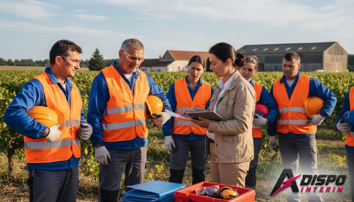 Inspecteur vérifie les documents et EPI des ouvriers agricoles.