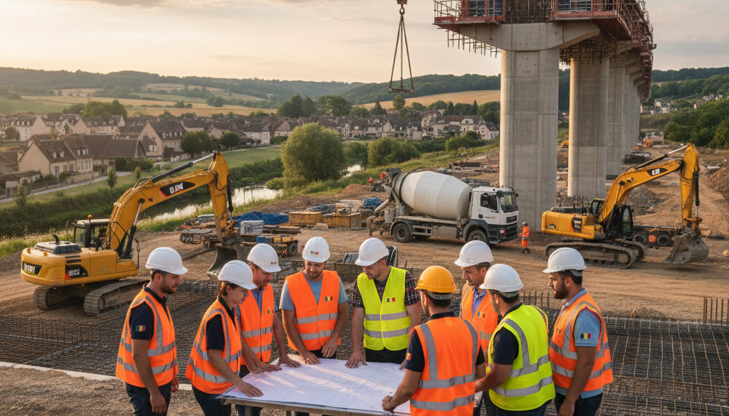 Chantier de construction en France avec des travailleurs roumains.