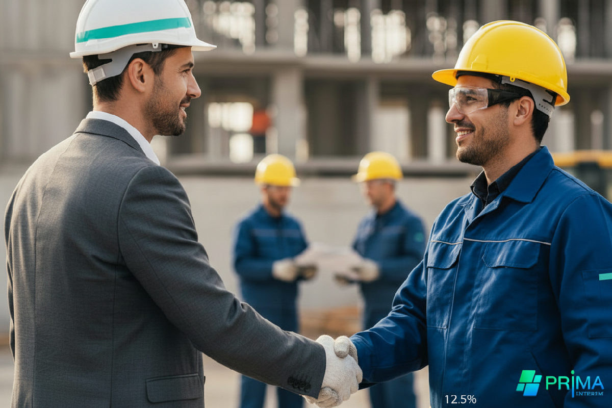 embaucher salarié roumain en France démarches coûts - Un manager français saluant un travailleur roumain sur un chantier.