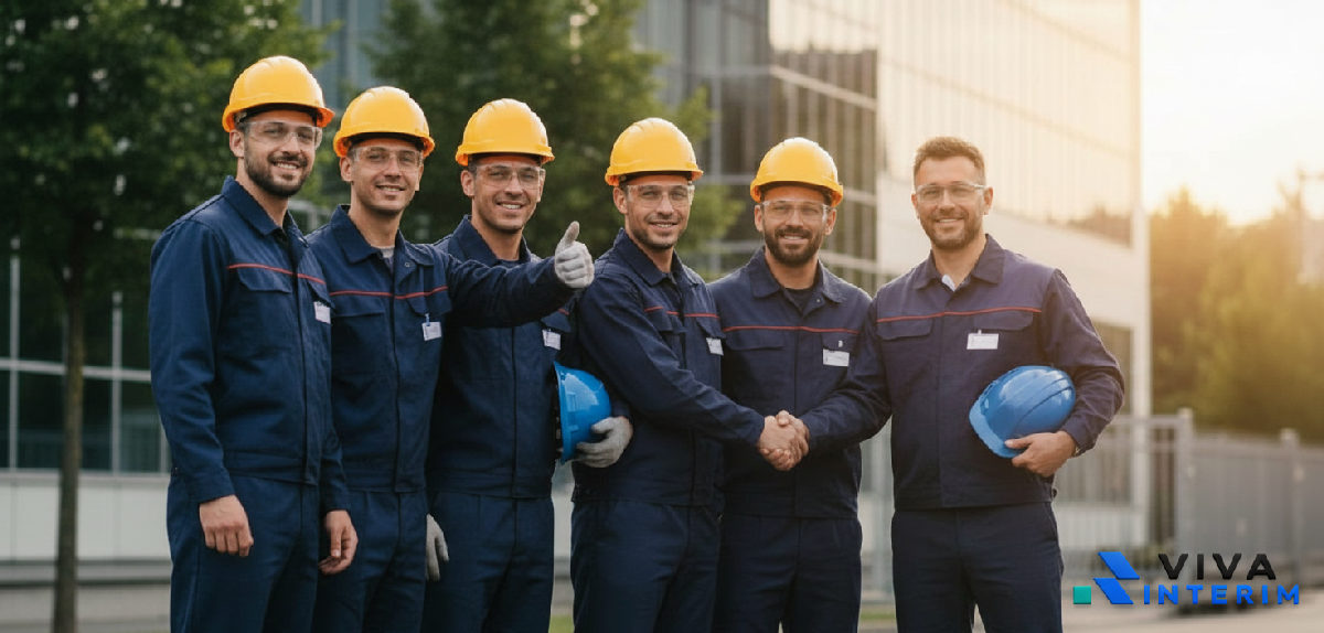 Ouvriers roumains qualifiés souriant devant une usine française.