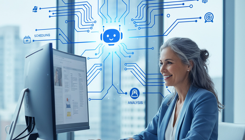 Smiling business owner with AI content creation assistant on screen.