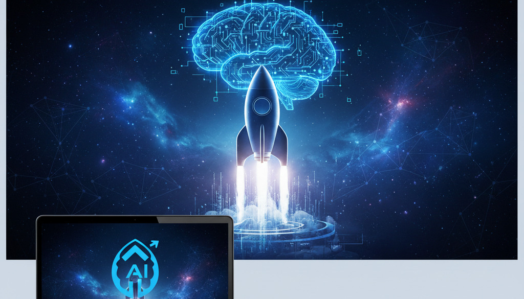 Successful AI-powered business blog launch with growth chart.