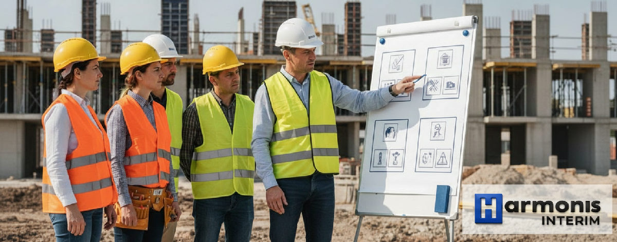 Chef de chantier expliquant des consignes à des intérimaires.