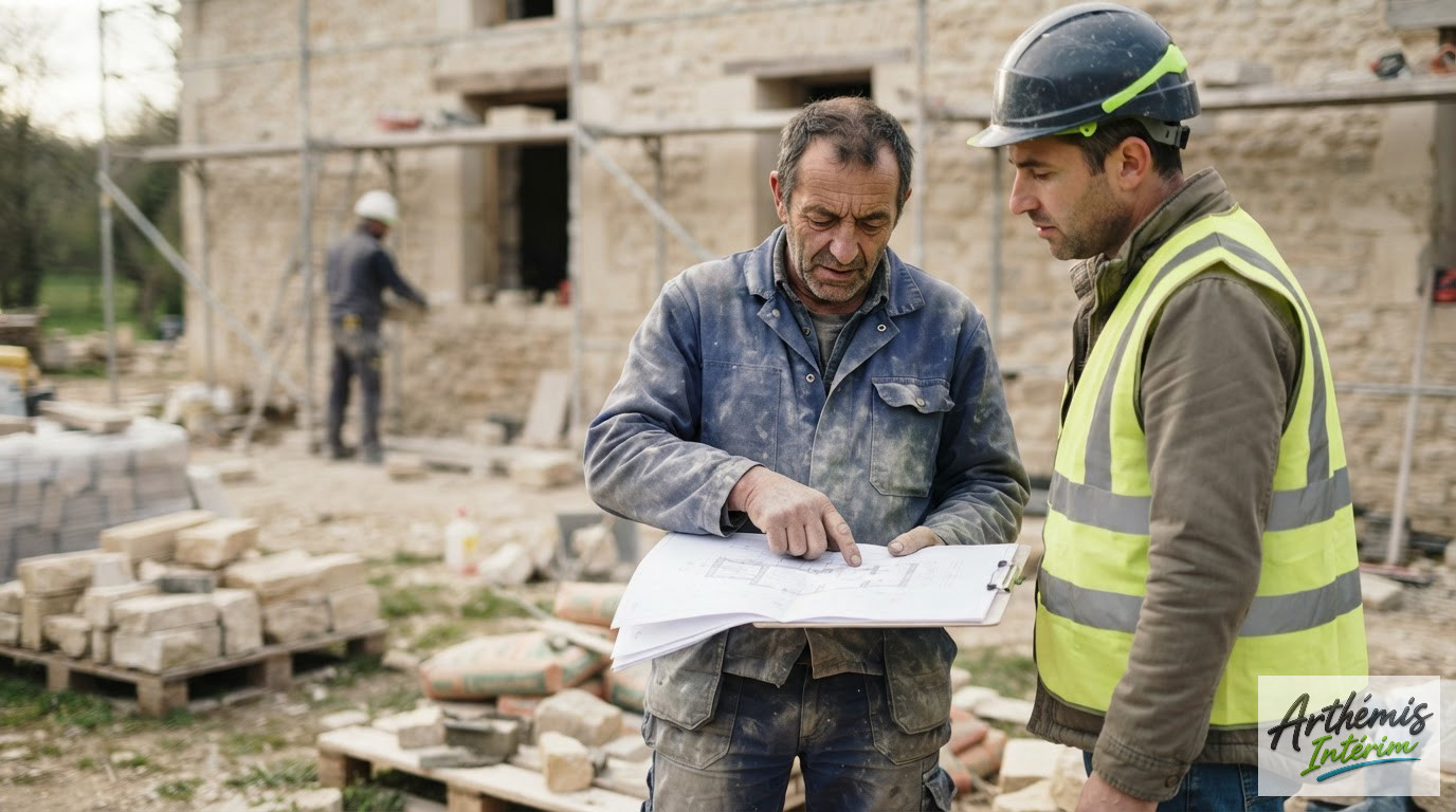 Un chef de chantier consultant des dossiers sur un site de construction.