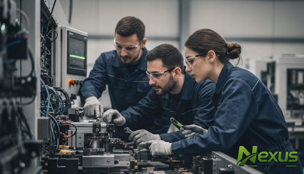 Ouvriers industriels roumains qualifiés travaillant sur une machine complexe.