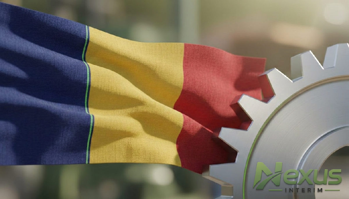 Drapeau roumain stylisé et engrenage symbolisant un partenariat industriel.