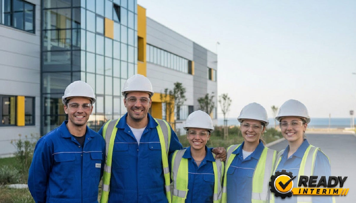 Travailleurs roumains souriants devant une usine à Marseille.
