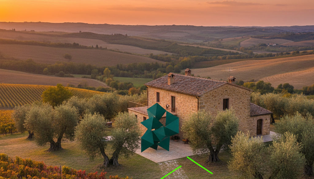 Tramonto su un casale umbro tra ulivi e vigneti.
