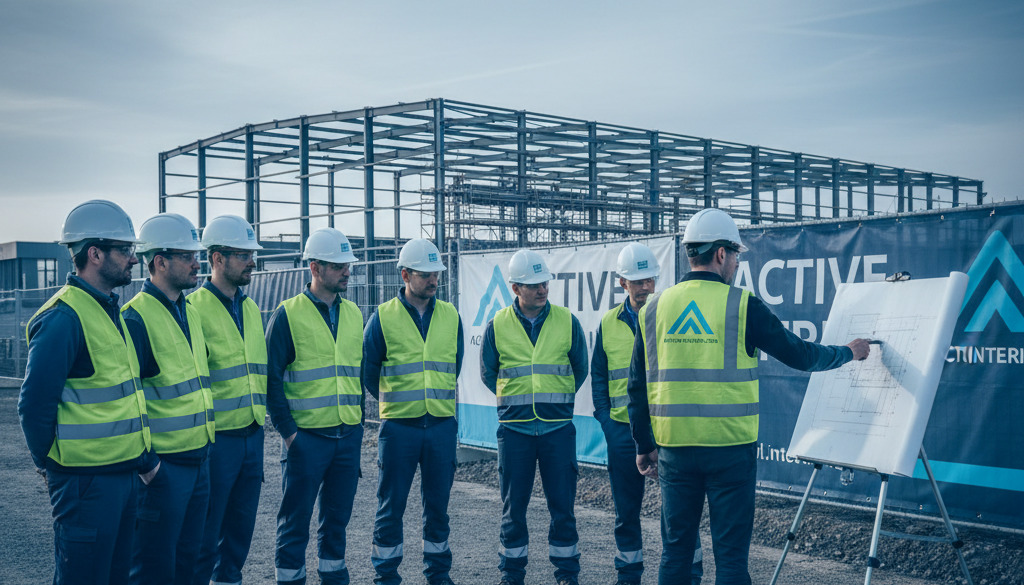 Travailleurs européens en sécurité lors d'un briefing sur site industriel.