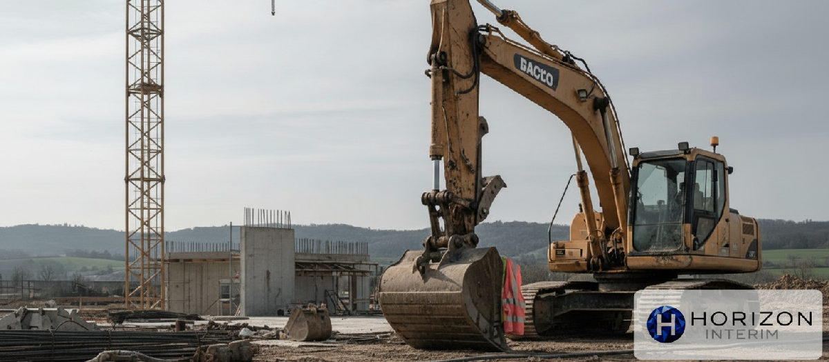 recrutement sélection conducteur d’engins roumanie - Grue et pelle sur un chantier français désert.