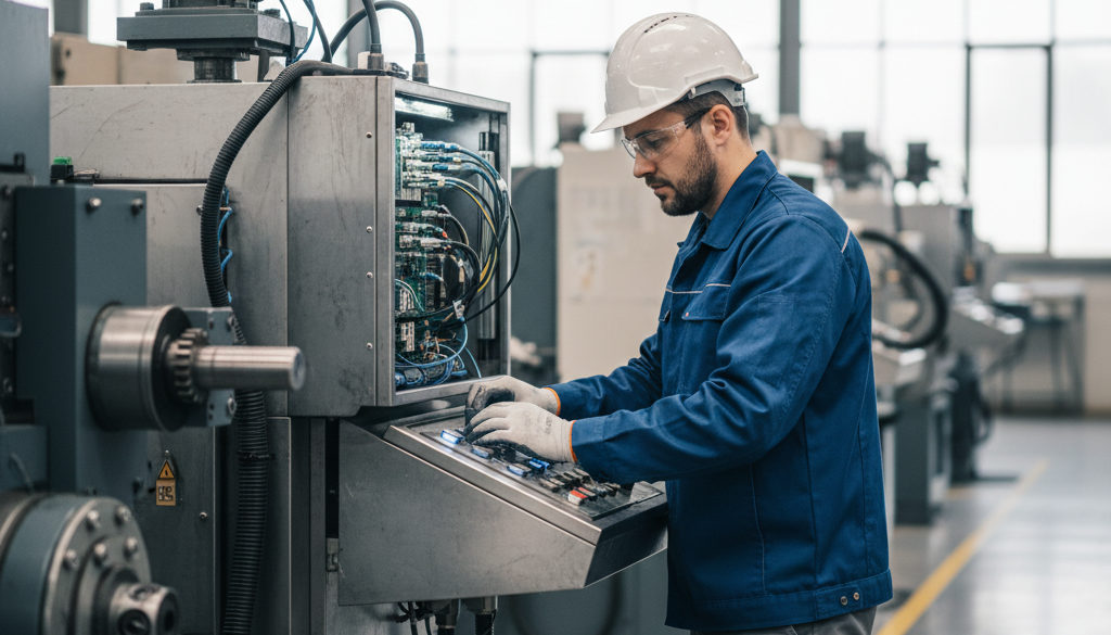 Ingénieur roumain concentré sur une machine en usine.