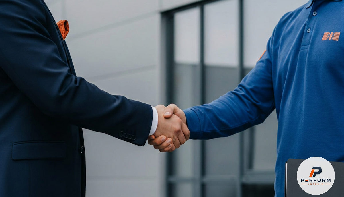 Poignée de main professionnelle : recruteur et intérimaire roumain devant un entrepôt.