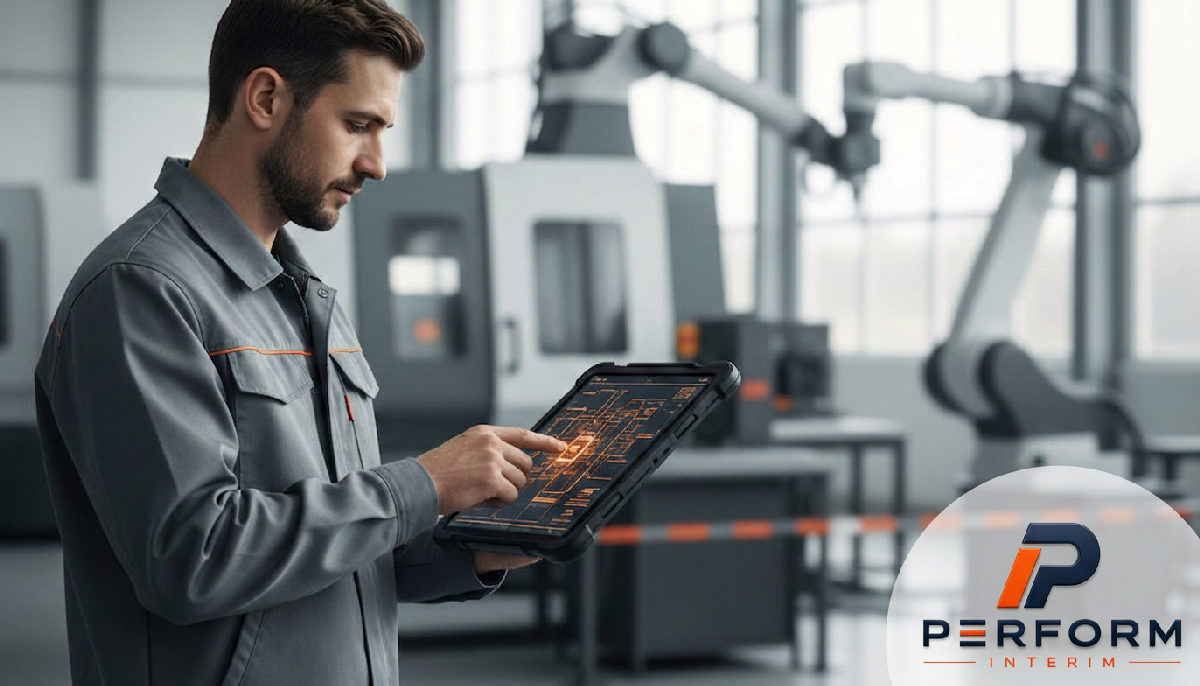 Technicien roumain sur tablette : expertise en plan industriel moderne.