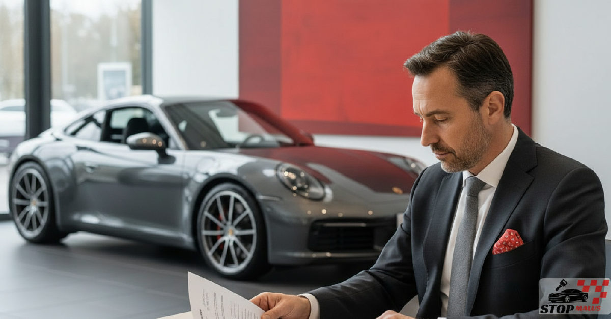 Acheteur examinant des documents de voiture de luxe dans un showroom allemand.