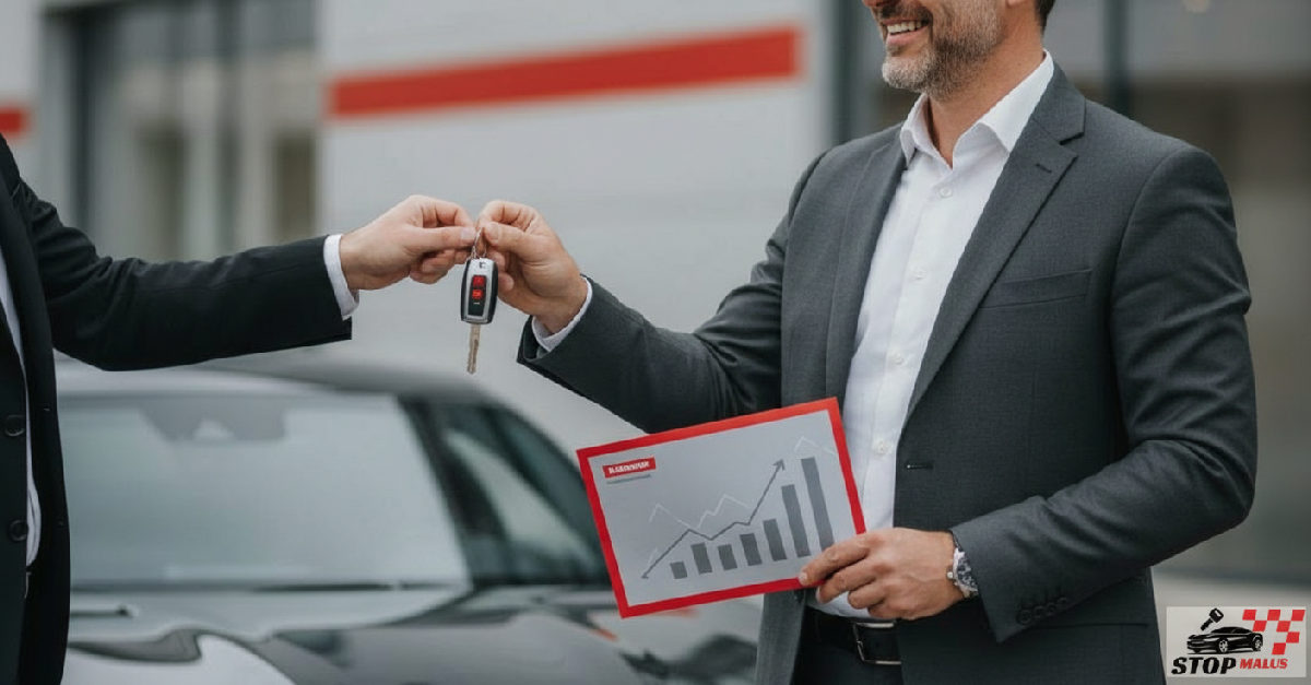 Client souriant recevant les clés d'une voiture de luxe importée et économique.
