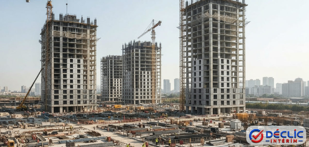 Vue d'ensemble d'un grand projet de construction urbaine.