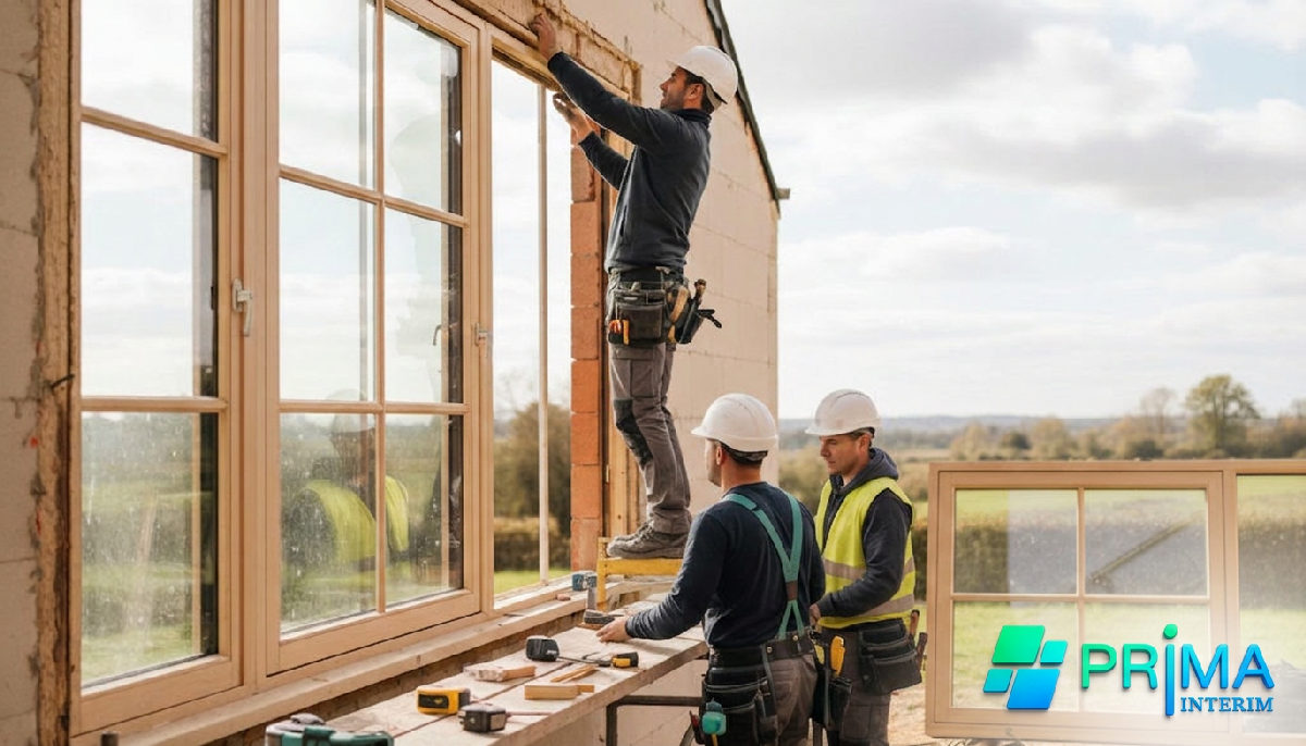 Équipe de menuisiers installant des fenêtres sur un chantier.