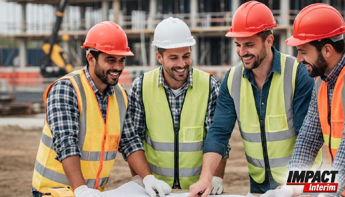 Ouvriers souriants discutant d'un plan sur chantier.