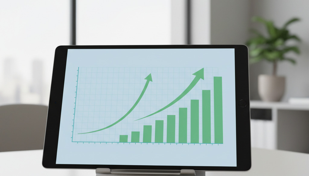 Business dashboard displays rising organic traffic and conversion growth.