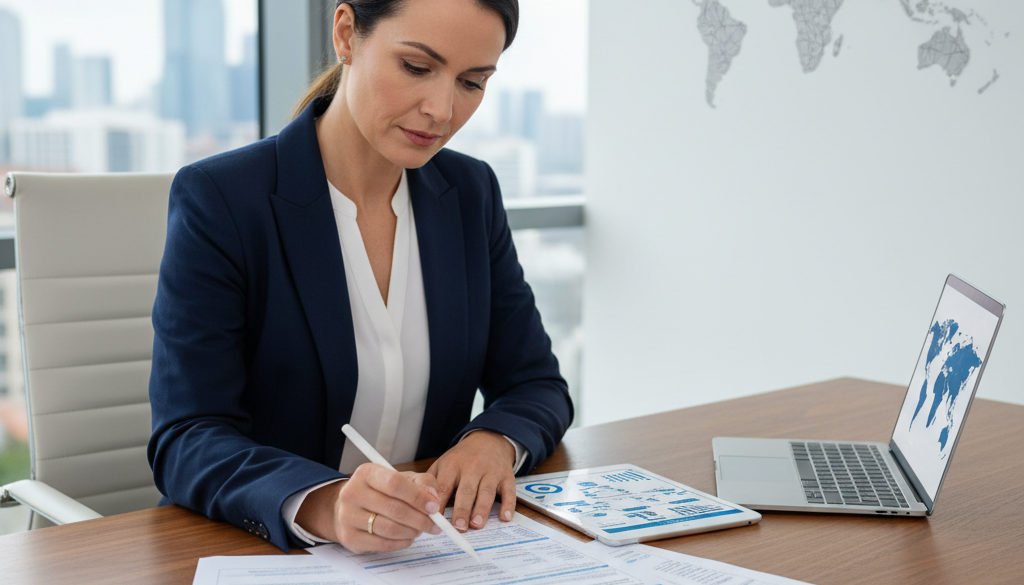 optimisation fiscale détachement – Consultant examinant des formulaires de sécurité sociale internationale.