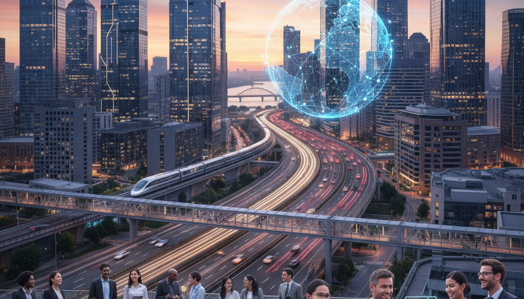 Quartier des affaires moderne, symbolisant la mobilité internationale.