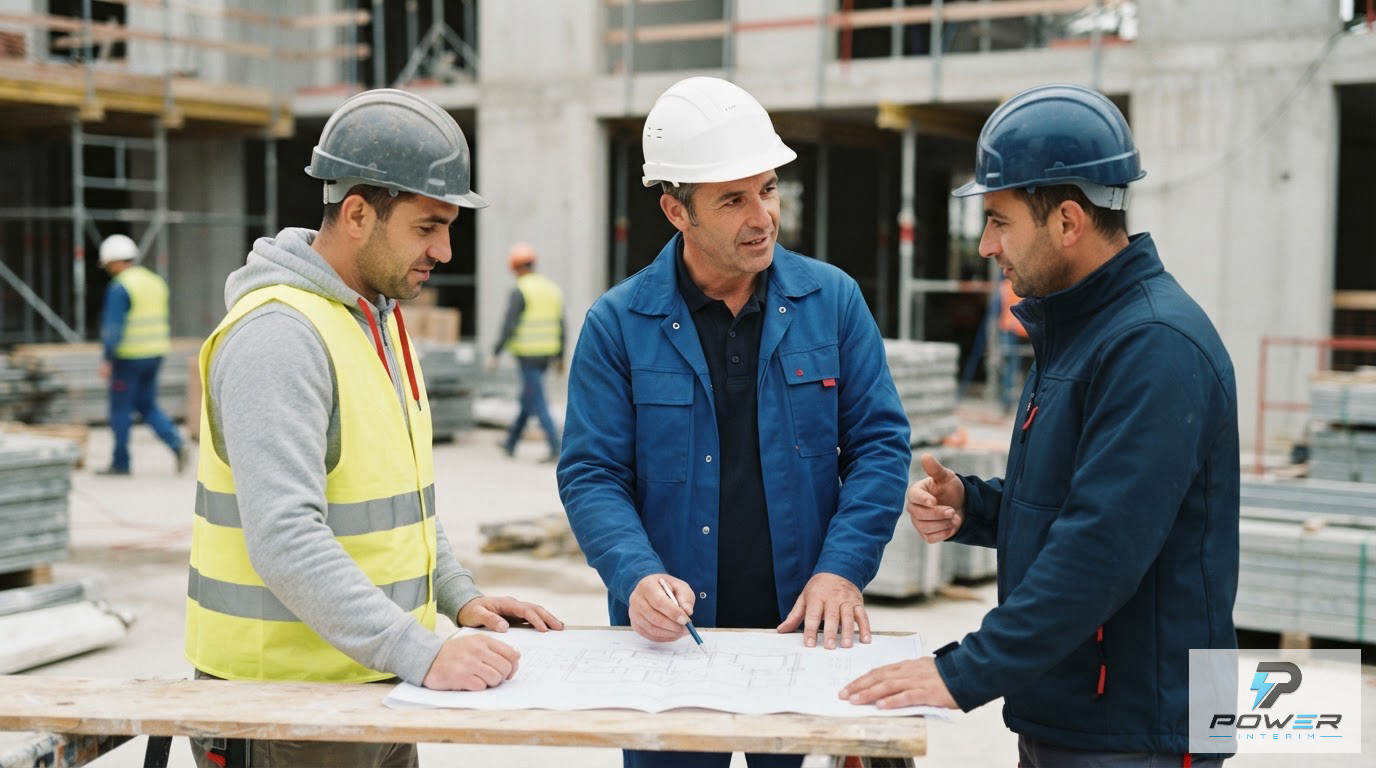 Un chef de chantier expliquant des plans à des maçons roumains sur site.