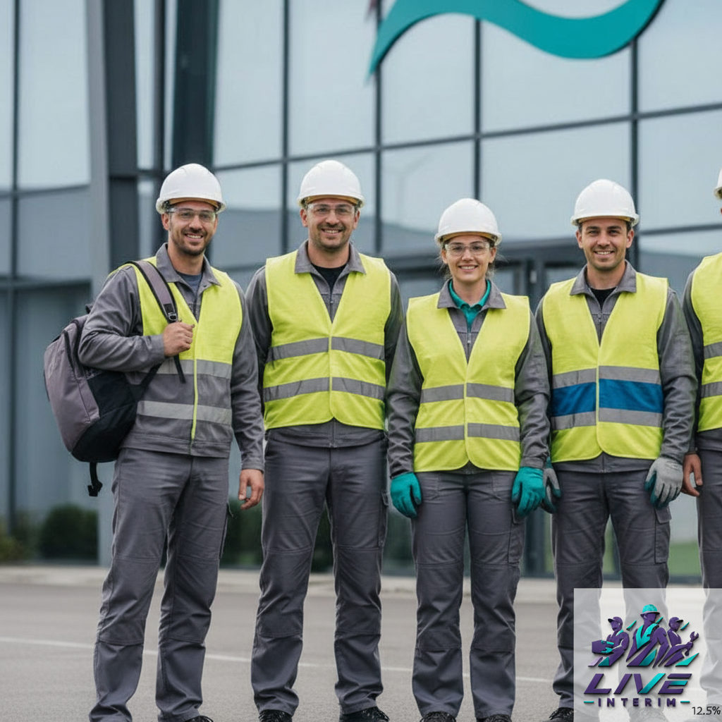 Travailleurs roumains souriants devant une infrastructure industrielle française.