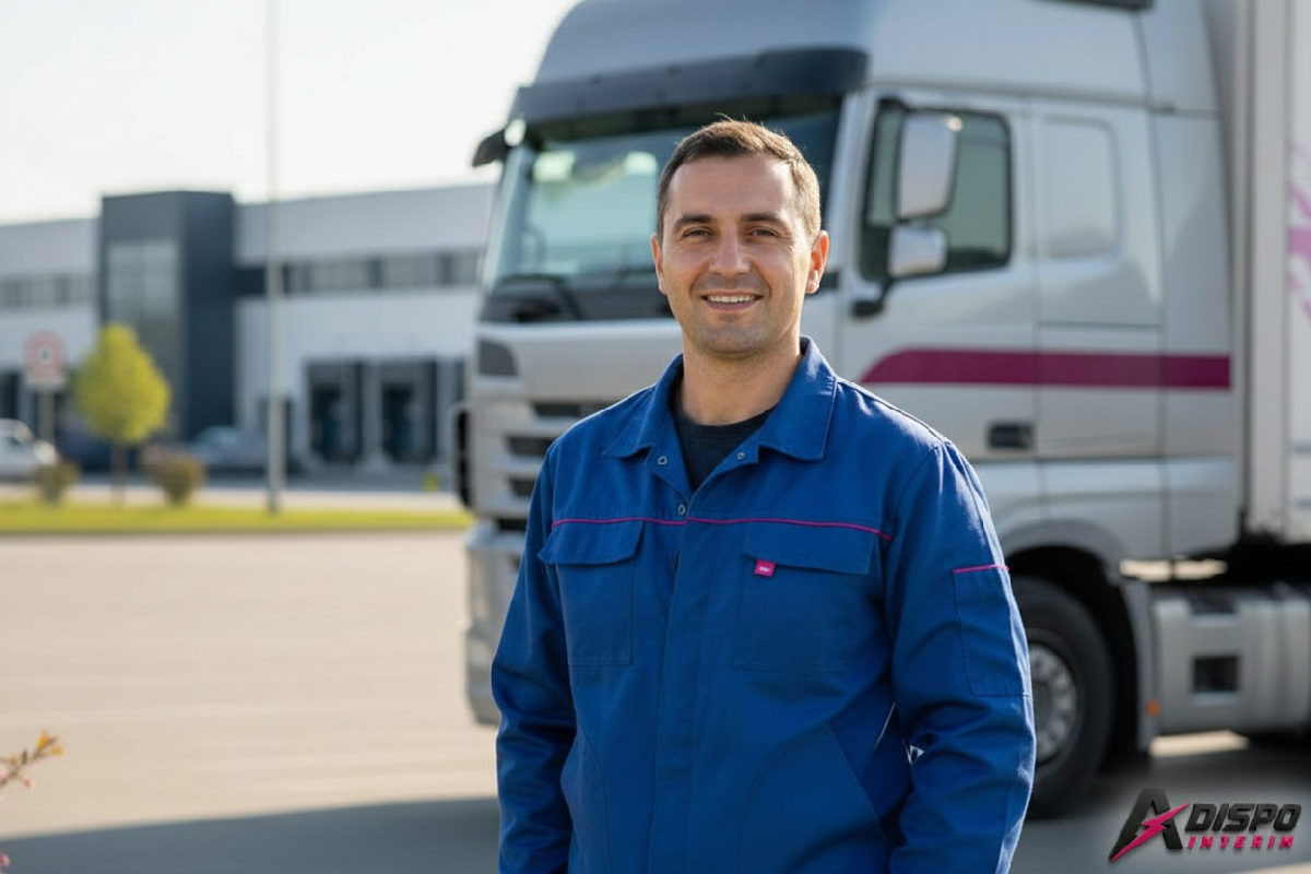 Chauffeur routier roumain souriant devant son camion.