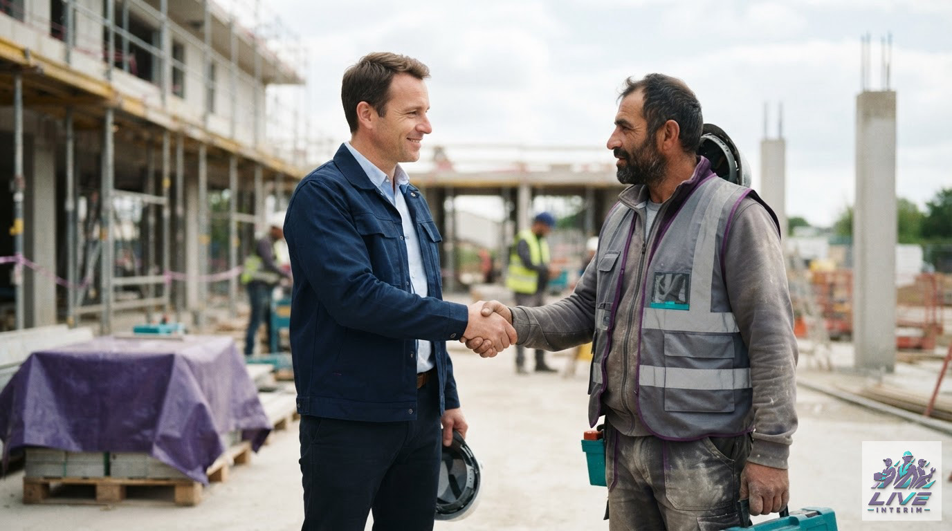 Poignée de main entre un responsable français et un travailleur roumain sur chantier.