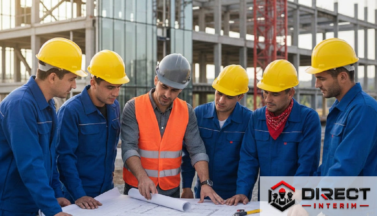 roi recrutement international roumains - Chef de chantier avec ouvriers roumains sur un site moderne.
