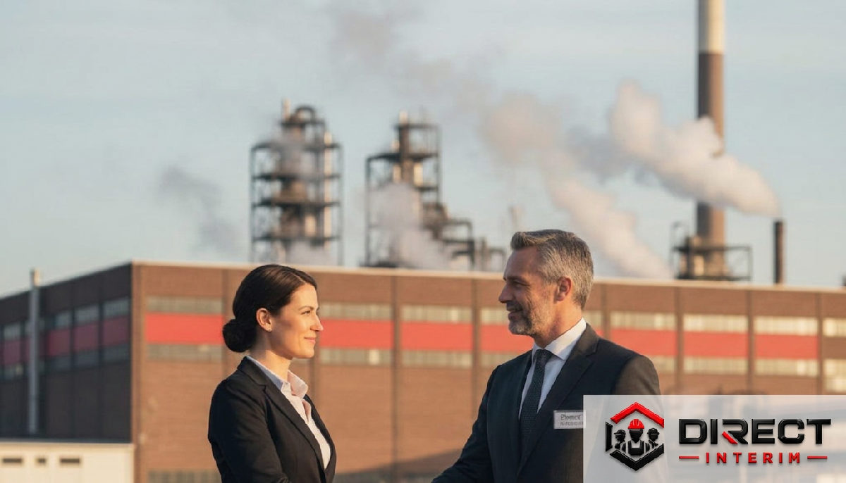 PDG serrant la main d'un conseiller devant une usine.