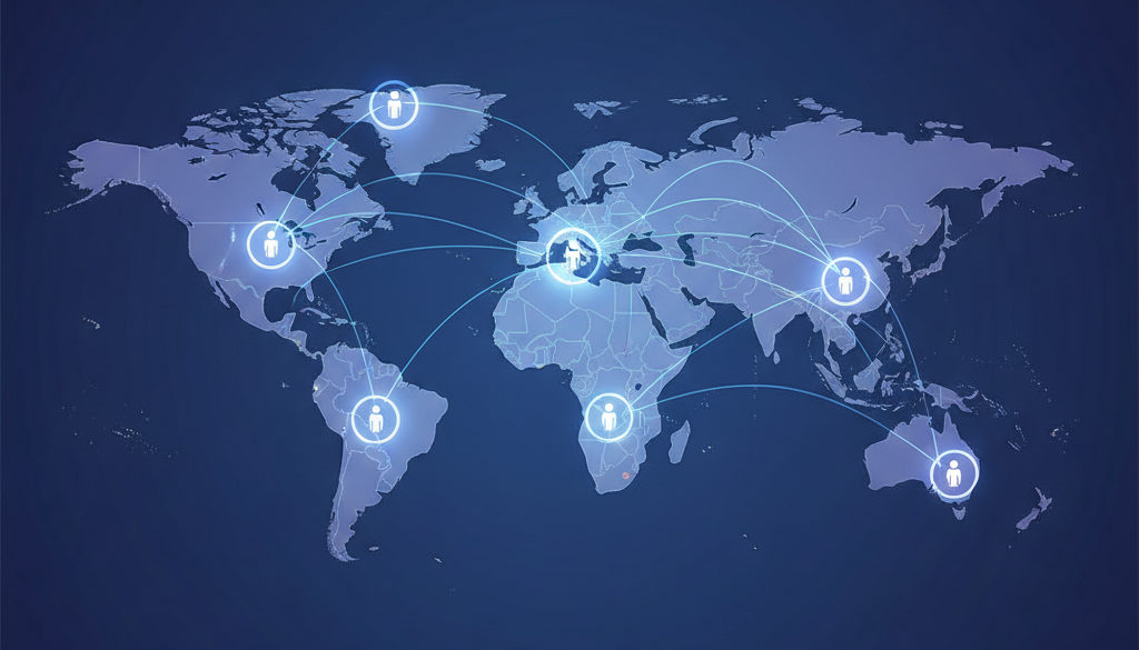 Infographie symbolisant le sourcing de talents à l'échelle mondiale.