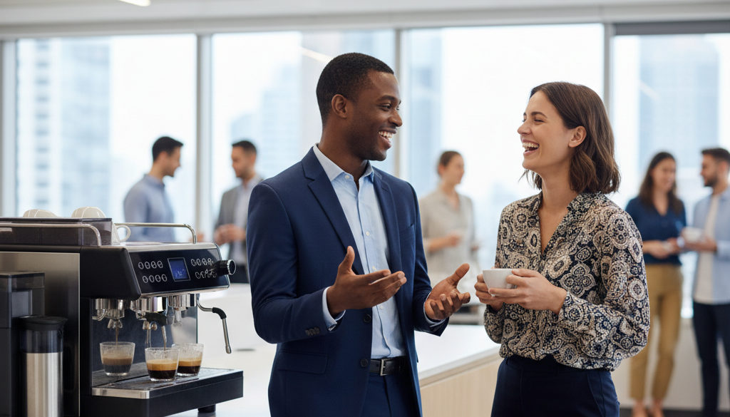 Collègues de nationalités différentes échangeant près d'une machine à café.