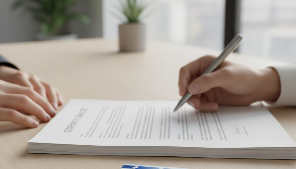 Titre de séjour français et contrat de travail signés sur un bureau.
