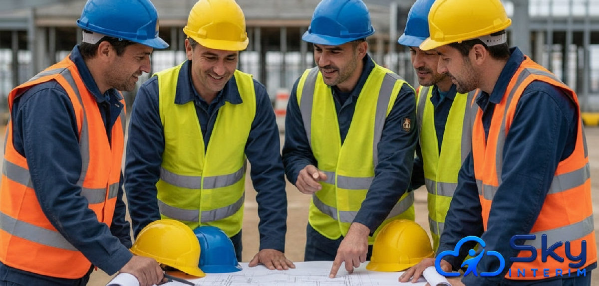 Ouvriers roumains et français discutant d'un plan sur un chantier.