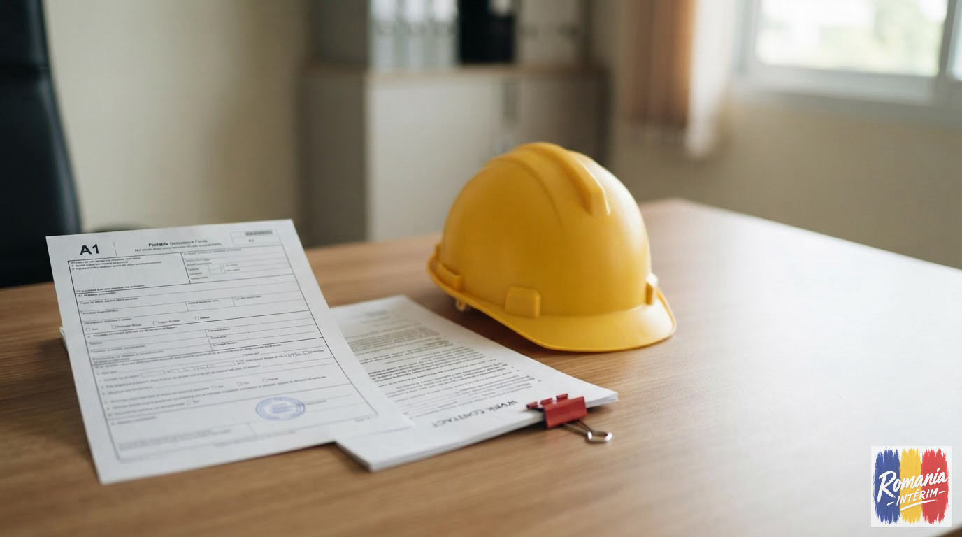 Documents administratifs et casque de chantier posés sur un bureau.