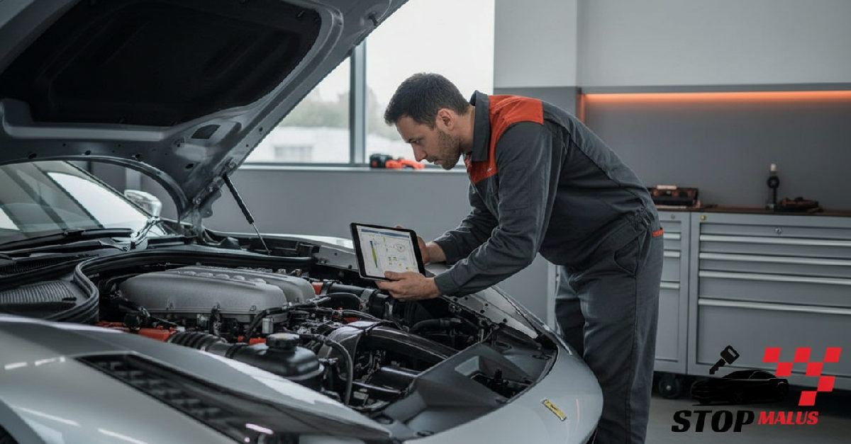 Mécanicien inspectant le moteur d'une Ferrari.