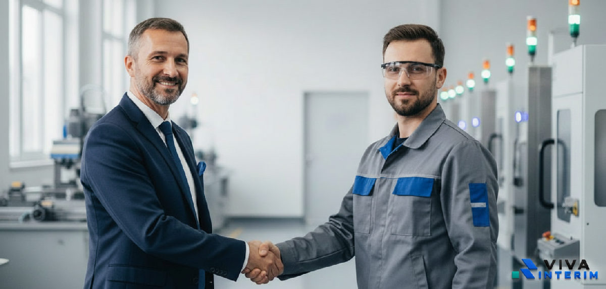 Poignée de main : succès mutuel entre employeur français et technicien roumain.