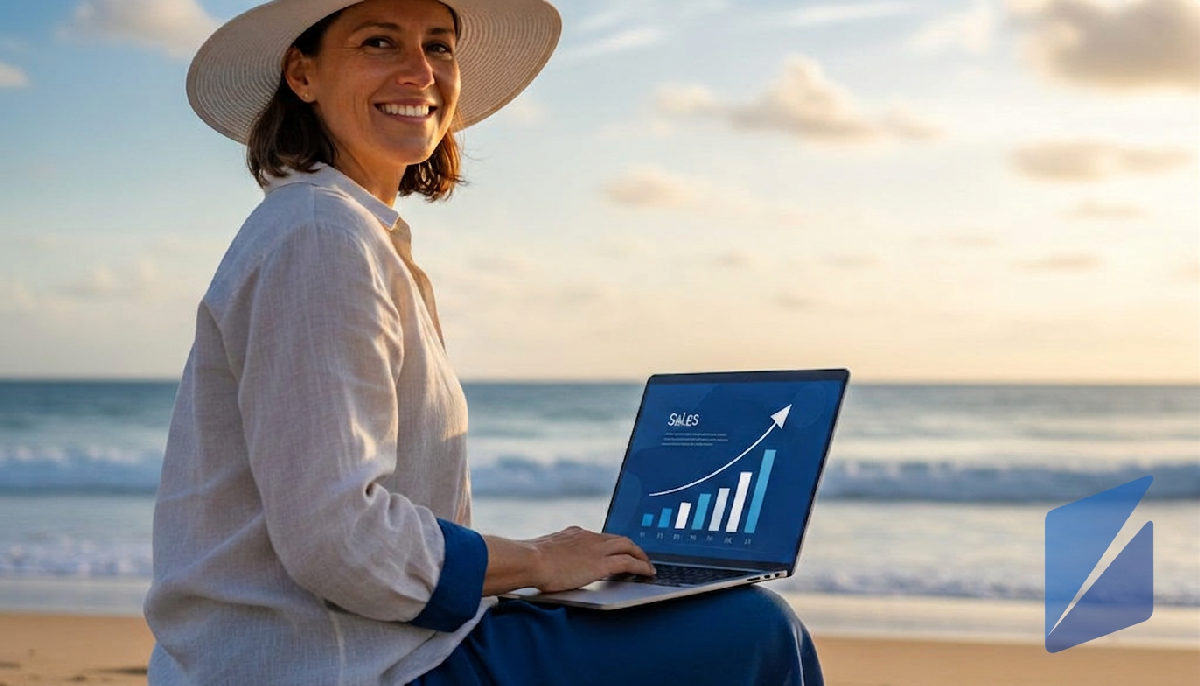 Entrepreneur's beach freedom: Shopify AI automation drives high sales growth.