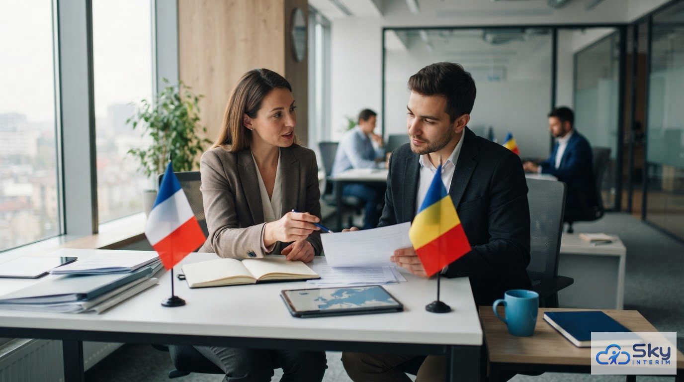 Un bureau arborant les drapeaux français et roumain, symbolisant la coopération administrative.