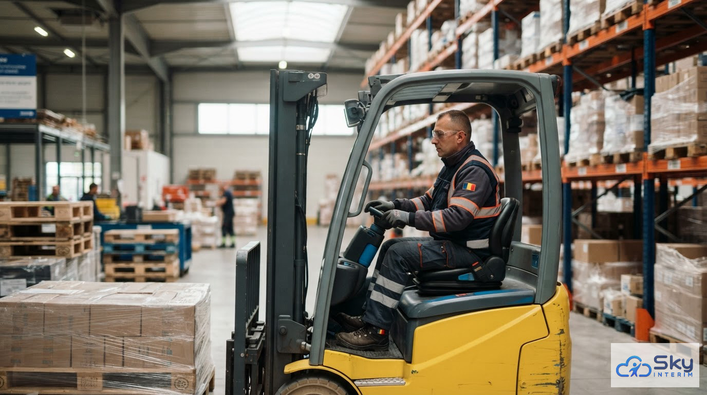 Un cariste roumain travaillant en toute légalité dans un entrepôt français.
