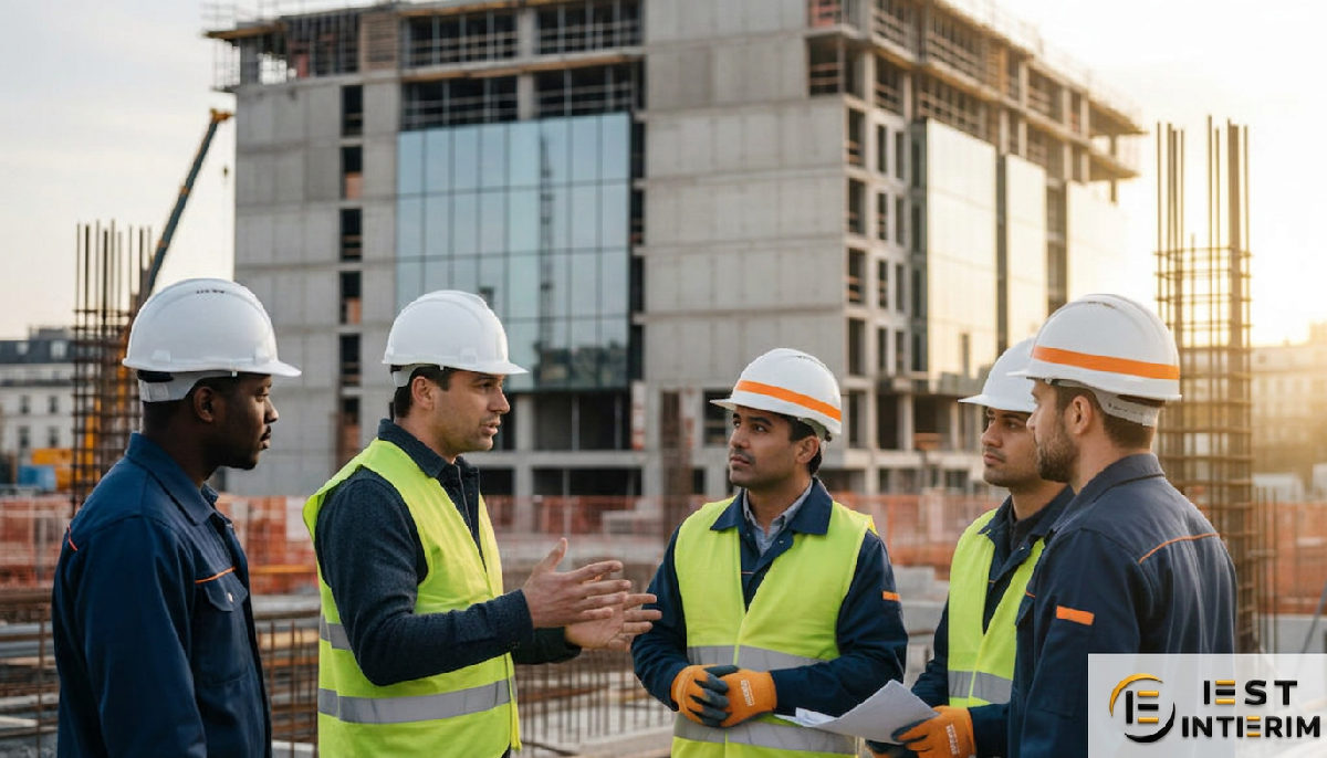agence intérim étranger - Chef de chantier avec intérimaires sur un site moderne en France.