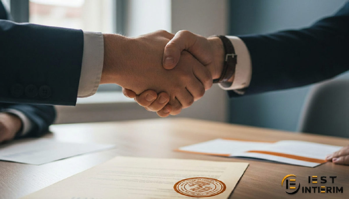 Poignée de main sur un contrat de travail international en bureau de recrutement.