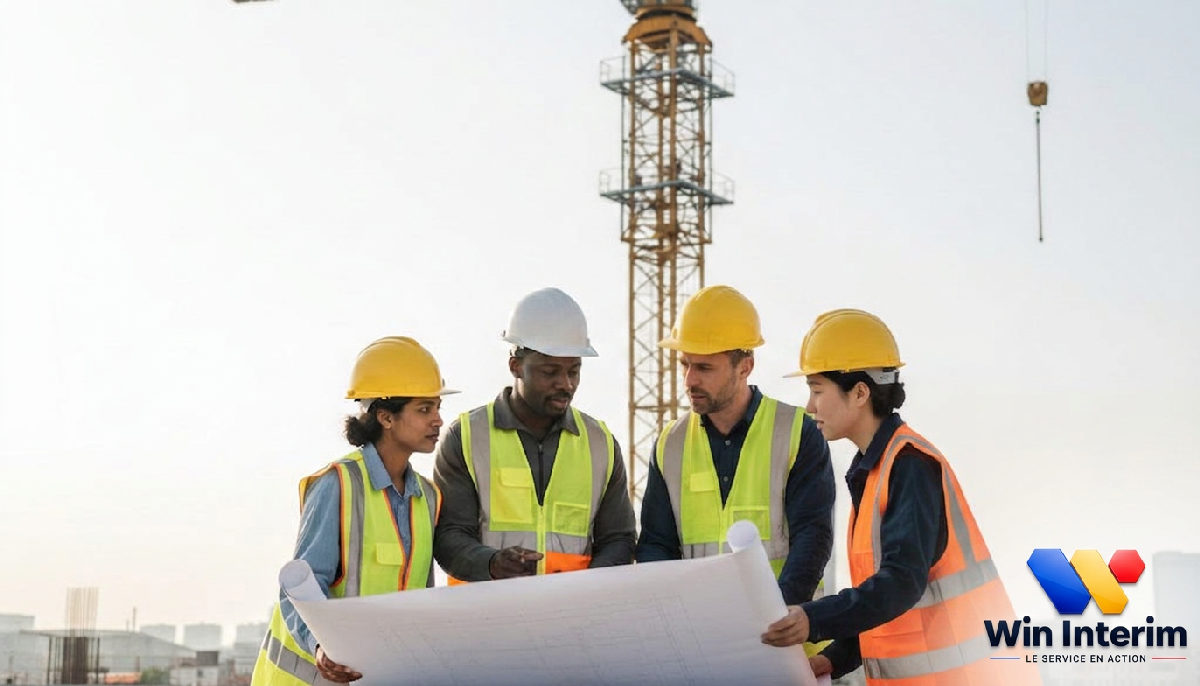 Une équipe de construction multiculturelle discutant autour d'un plan de chantier avec une grue en arrière-plan, symbolisant la collaboration réussie.