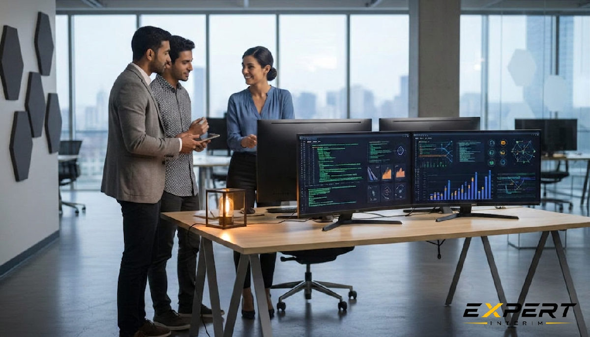recrutement technologie IT - Professionnels de l'informatique discutant dans un bureau moderne avec écrans.