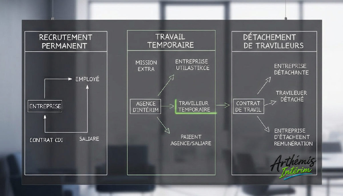 Schéma des modes de recrutement international : permanent, temporaire, détachement.